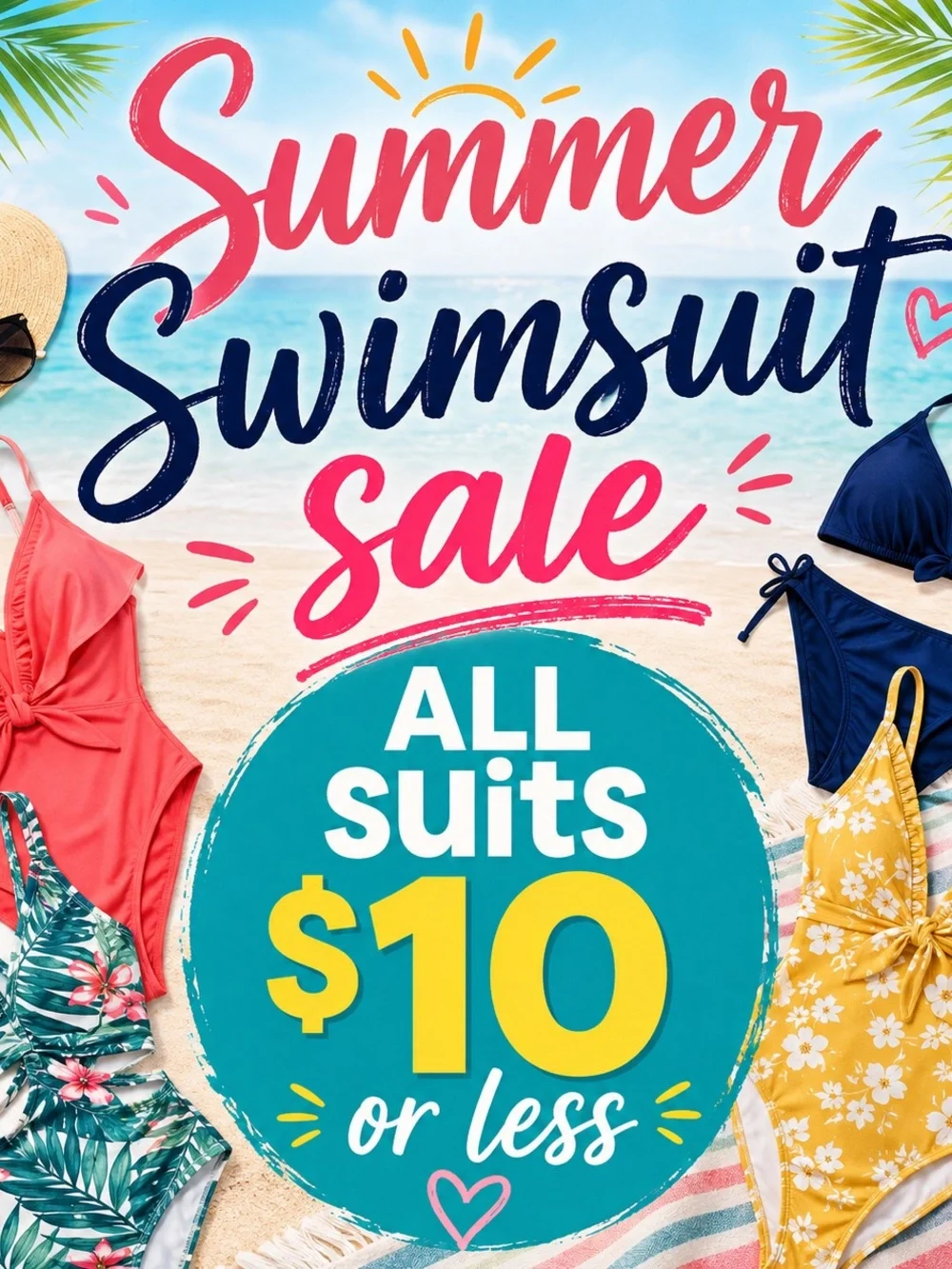 SUMMER SWIMSUIT SALE!! All women’s swimsuits $10 or less.